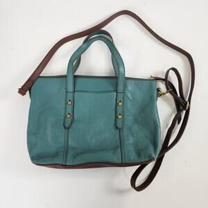 FOSSIL Jenna Green Teal / Brown Pebble Leather Satchel Purse